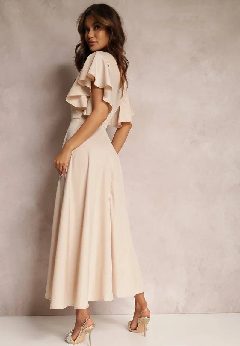 Beżowa Sukienka o Rozkloszowanym Kroju z Falbanami Bouchard