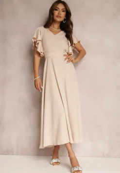 Beżowa Sukienka o Rozkloszowanym Kroju z Falbanami Bouchard