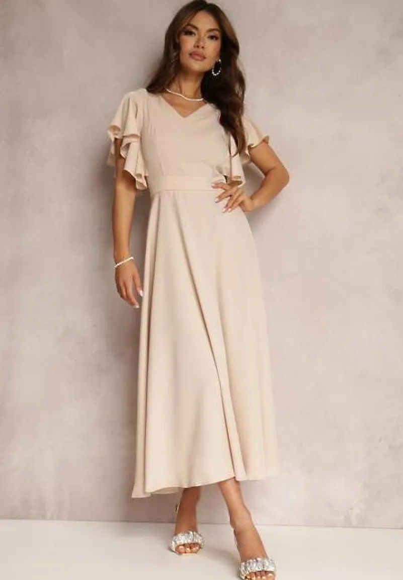 Beżowa Sukienka o Rozkloszowanym Kroju z Falbanami Bouchard