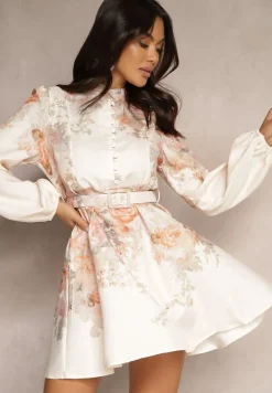 Beżowa Sukienka o Rozkloszowanym Kroju z Paskiem w Kwiaty Melvivis