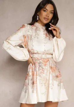 Beżowa Sukienka o Rozkloszowanym Kroju z Paskiem w Kwiaty Melvivis