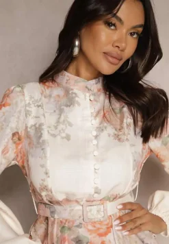 Beżowa Sukienka o Rozkloszowanym Kroju z Paskiem w Kwiaty Melvivis