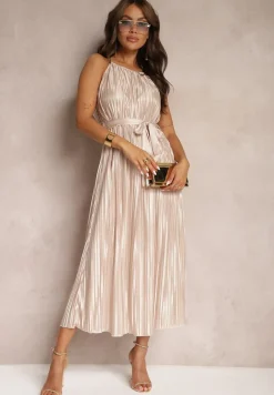 Beżowa Sukienka Plisowana z Paskiem w Talii na Cienkich Ramiączkach Wasea