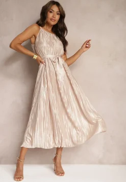 Beżowa Sukienka Plisowana z Paskiem w Talii na Cienkich Ramiączkach Wasea