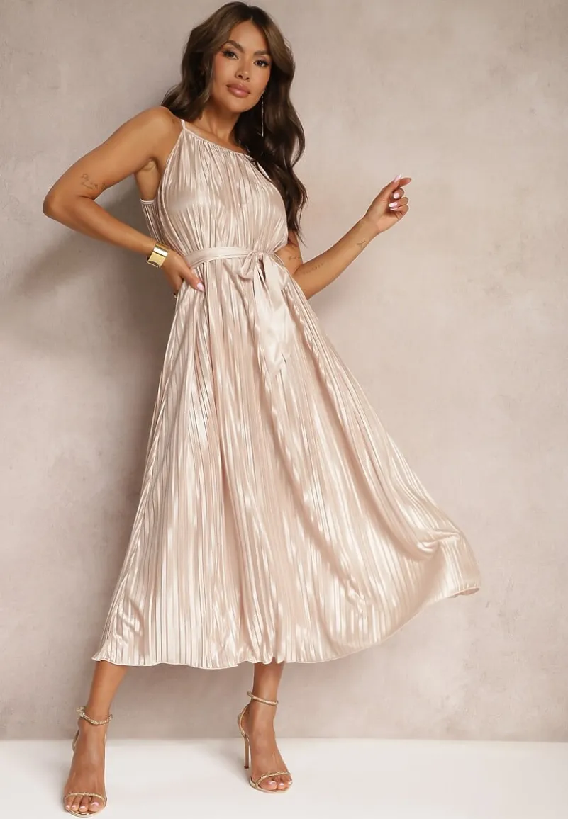 Beżowa Sukienka Plisowana z Paskiem w Talii na Cienkich Ramiączkach Wasea