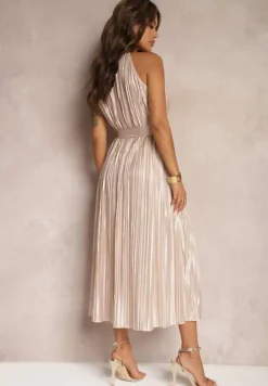 Beżowa Sukienka Plisowana z Paskiem w Talii na Cienkich Ramiączkach Wasea