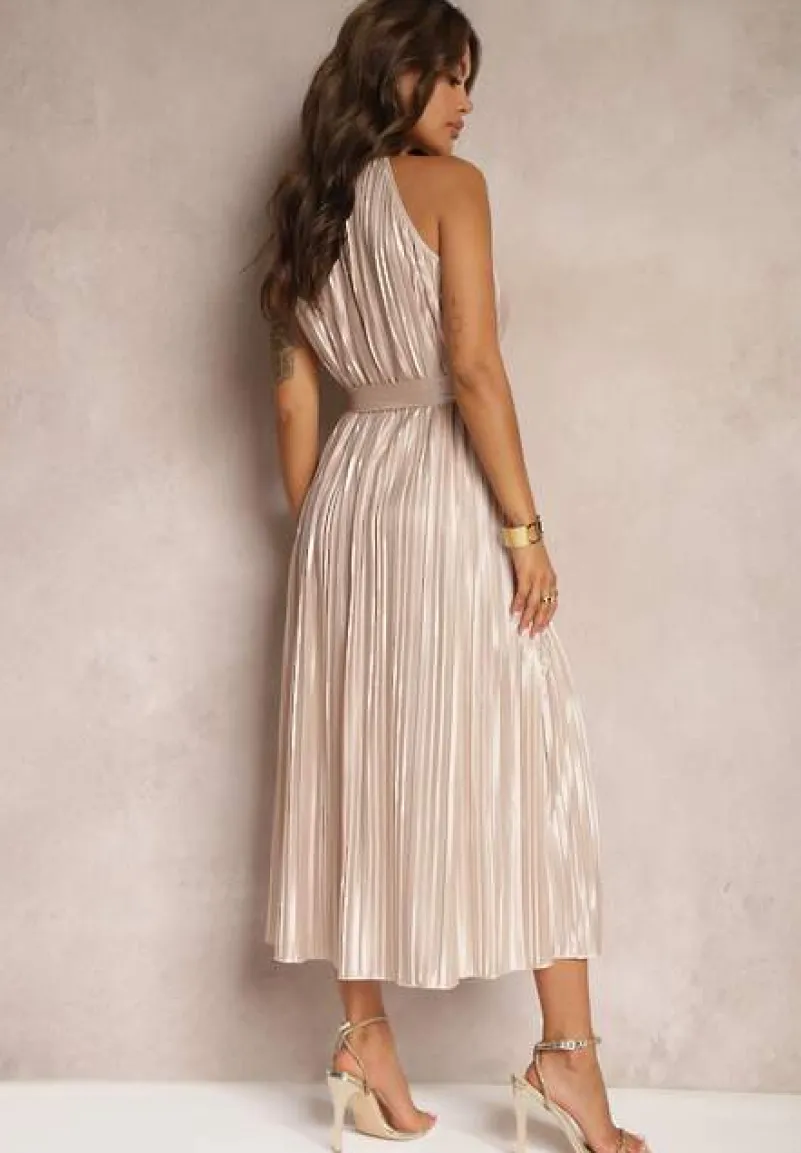 Beżowa Sukienka Plisowana z Paskiem w Talii na Cienkich Ramiączkach Wasea