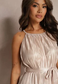 Beżowa Sukienka Plisowana z Paskiem w Talii na Cienkich Ramiączkach Wasea