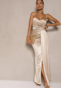 Beżowa Sukienka Satynowa z Marszczeniem i Ozdobnym Trenem Katiriva