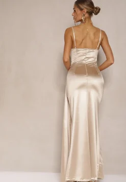 Beżowa Sukienka Satynowa z Marszczeniem i Ozdobnym Trenem Katiriva