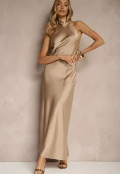 Beżowa Sukienka Satynowa z Dekoltem Halter i Odkrytymi Plecami Belas