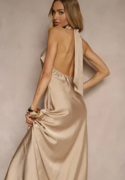 Beżowa Sukienka Satynowa z Dekoltem Halter i Odkrytymi Plecami Belas