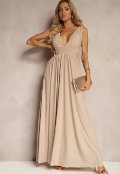 Beżowa Sukienka Wieczorowa na Ramiączkach z Dekoltem w Szpic i Rozcięciem Nestanni