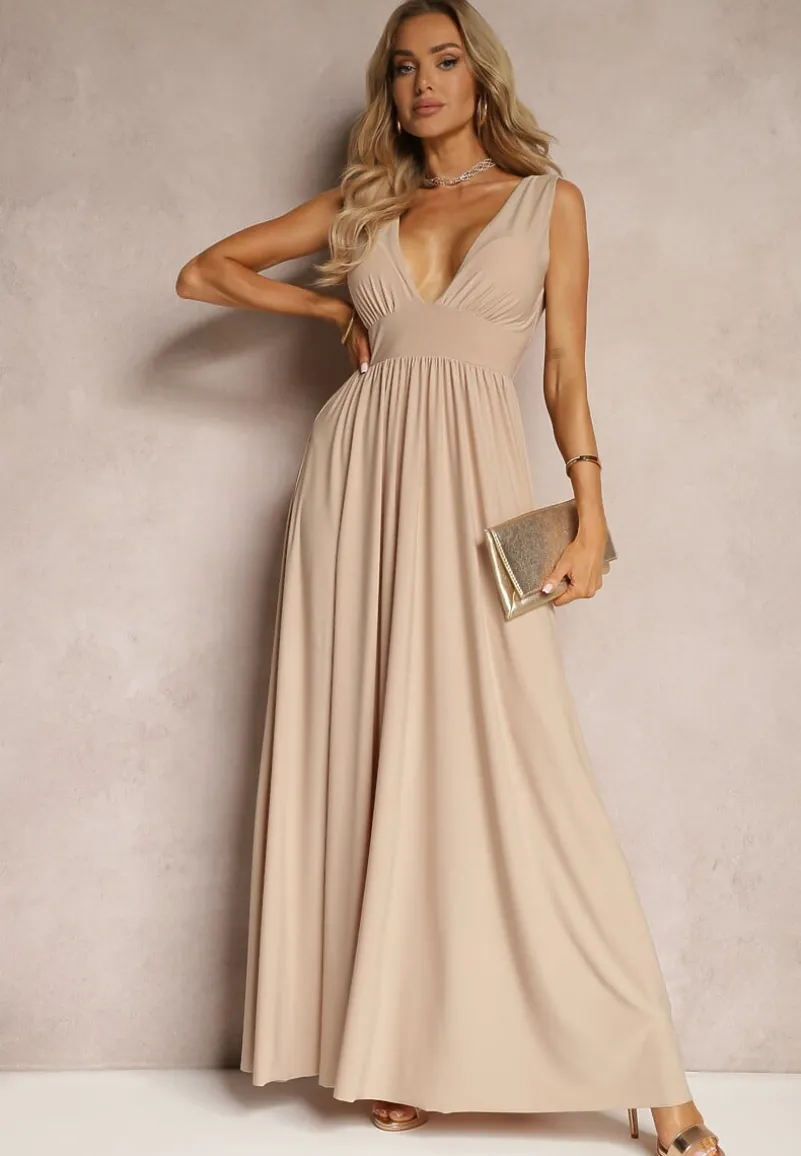 Beżowa Sukienka Wieczorowa na Ramiączkach z Dekoltem w Szpic i Rozcięciem Nestanni