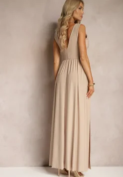 Beżowa Sukienka Wieczorowa na Ramiączkach z Dekoltem w Szpic i Rozcięciem Nestanni