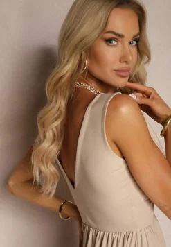 Beżowa Sukienka Wieczorowa na Ramiączkach z Dekoltem w Szpic i Rozcięciem Nestanni