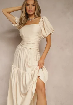 Beżowa Sukienka Wiskozowa Drapowana z Rozkloszowanym Dołem Naprine