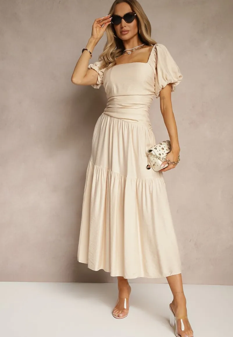 Beżowa Sukienka Wiskozowa Drapowana z Rozkloszowanym Dołem Naprine