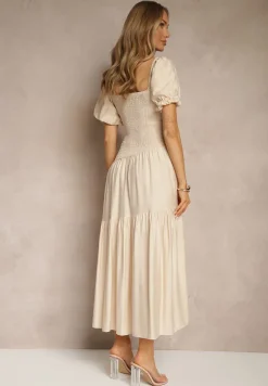 Beżowa Sukienka Wiskozowa Drapowana z Rozkloszowanym Dołem Naprine