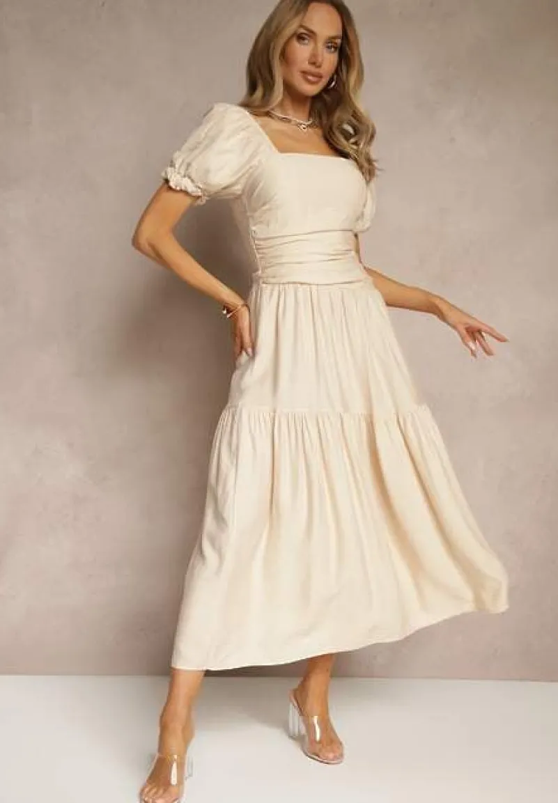 Beżowa Sukienka Wiskozowa Drapowana z Rozkloszowanym Dołem Naprine