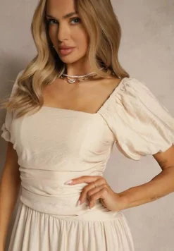 Beżowa Sukienka Wiskozowa Drapowana z Rozkloszowanym Dołem Naprine