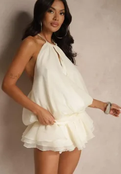 Beżowa Sukienka z Bawełną i Odkrytymi Plecami Ozdobiona Falbanką Firareia