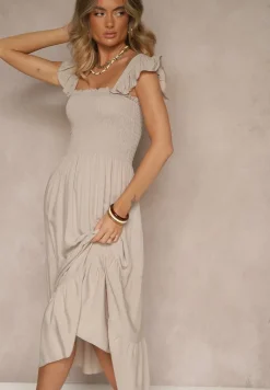 Beżowa Sukienka z Bawełny na Ramiączkach Ozdobiona Falbanami i Gumkami Mevalys