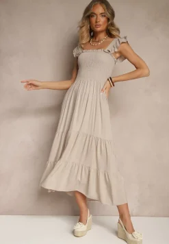 Beżowa Sukienka z Bawełny na Ramiączkach Ozdobiona Falbanami i Gumkami Mevalys