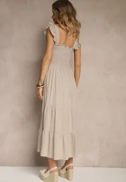 Beżowa Sukienka z Bawełny na Ramiączkach Ozdobiona Falbanami i Gumkami Mevalys