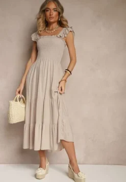 Beżowa Sukienka z Bawełny na Ramiączkach Ozdobiona Falbanami i Gumkami Mevalys