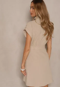Beżowa Sukienka z Bawełny w Stylu Szmizjerki z Paskiem z Klamrą Talenne