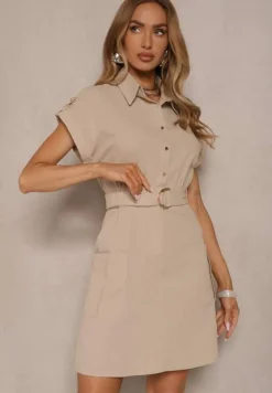 Beżowa Sukienka z Bawełny w Stylu Szmizjerki z Paskiem z Klamrą Talenne
