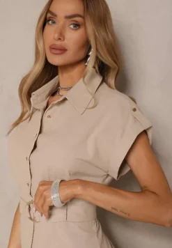 Beżowa Sukienka z Bawełny w Stylu Szmizjerki z Paskiem z Klamrą Talenne