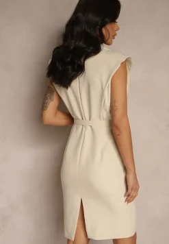 Beżowa Sukienka z Ozdobnymi Guzikami i Paskiem Dellanise