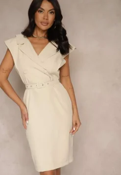 Beżowa Sukienka z Ozdobnymi Guzikami i Paskiem Dellanise