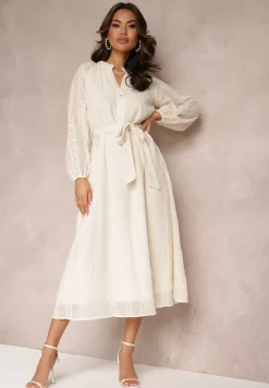 Beżowa Sukienka z Ozdobnym Haftem i Paskiem Deanna