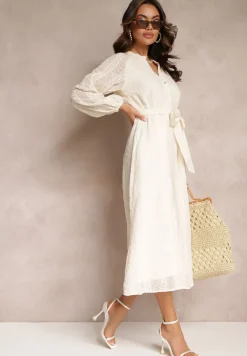 Beżowa Sukienka z Ozdobnym Haftem i Paskiem Deanna