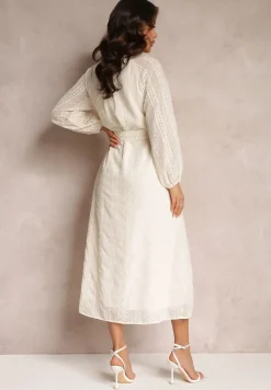 Beżowa Sukienka z Ozdobnym Haftem i Paskiem Deanna