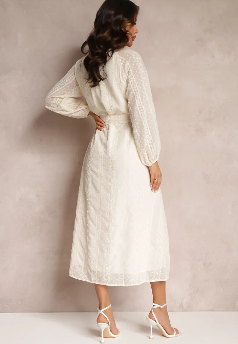 Beżowa Sukienka z Ozdobnym Haftem i Paskiem Deanna