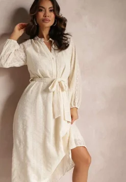 Beżowa Sukienka z Ozdobnym Haftem i Paskiem Deanna