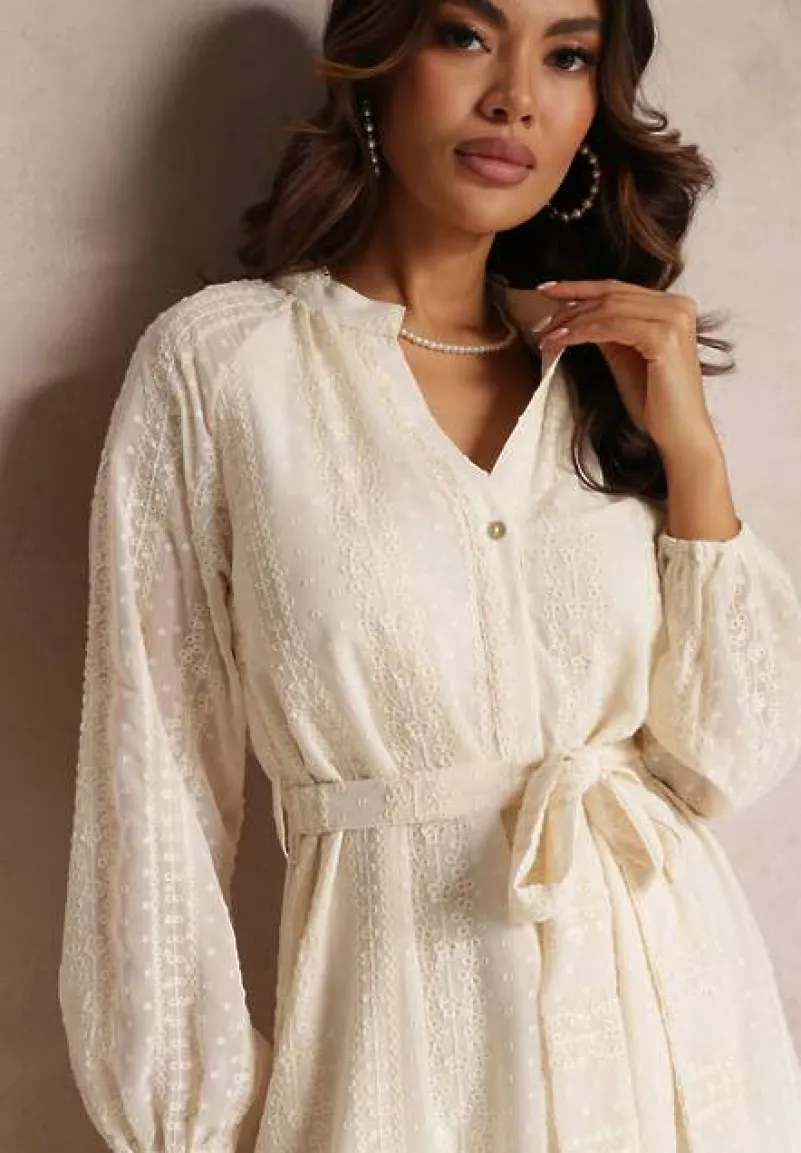 Beżowa Sukienka z Ozdobnym Haftem i Paskiem Deanna