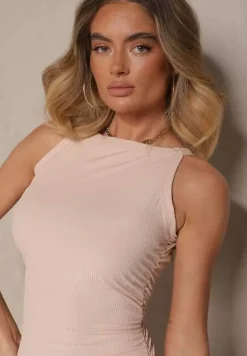 Beżowa Sukienka z Prążkowanego Materiału z Marszczeniami Etola