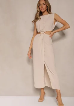 Beżowa Sukienka z Rozkloszowanym Dołem Ozdobiona Wycięciami w Talii i Metalicznym Detalem Galanissa