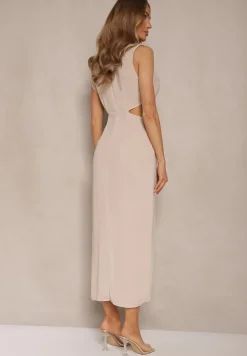 Beżowa Sukienka z Rozkloszowanym Dołem Ozdobiona Wycięciami w Talii i Metalicznym Detalem Galanissa