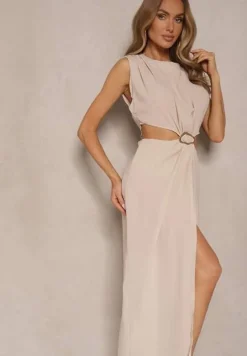 Beżowa Sukienka z Rozkloszowanym Dołem Ozdobiona Wycięciami w Talii i Metalicznym Detalem Galanissa