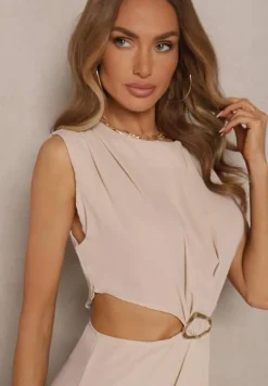 Beżowa Sukienka z Rozkloszowanym Dołem Ozdobiona Wycięciami w Talii i Metalicznym Detalem Galanissa