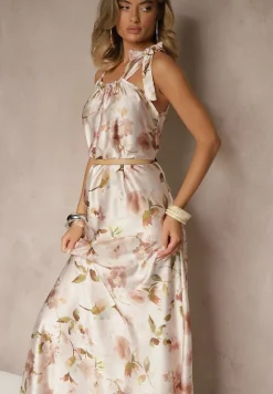 Beżowa Sukienka z Satyny w Kwiatowy Wzór Fenimea