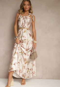 Beżowa Sukienka z Satyny w Kwiatowy Wzór Fenimea