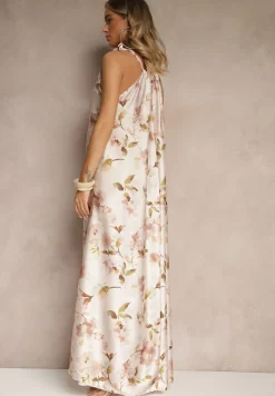 Beżowa Sukienka z Satyny w Kwiatowy Wzór Fenimea