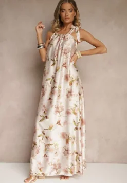 Beżowa Sukienka z Satyny w Kwiatowy Wzór Fenimea